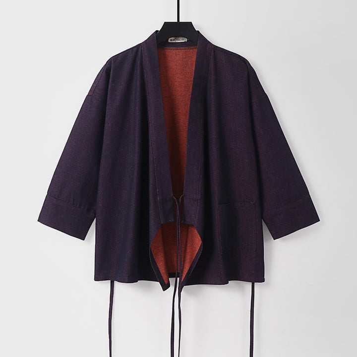 Women Lightweight Two-Tone Kimono Jacket with Ties and Contrasting Inner Lining Mune Fashion