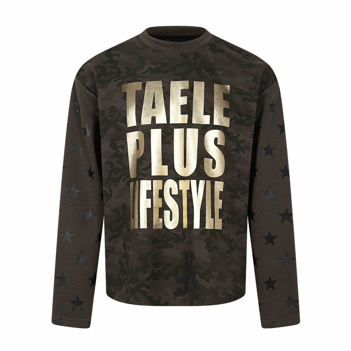 Unisex Oversize Sweatshirt with camouflage print, star sleeve appliqué and large metallic print Mune Fashion