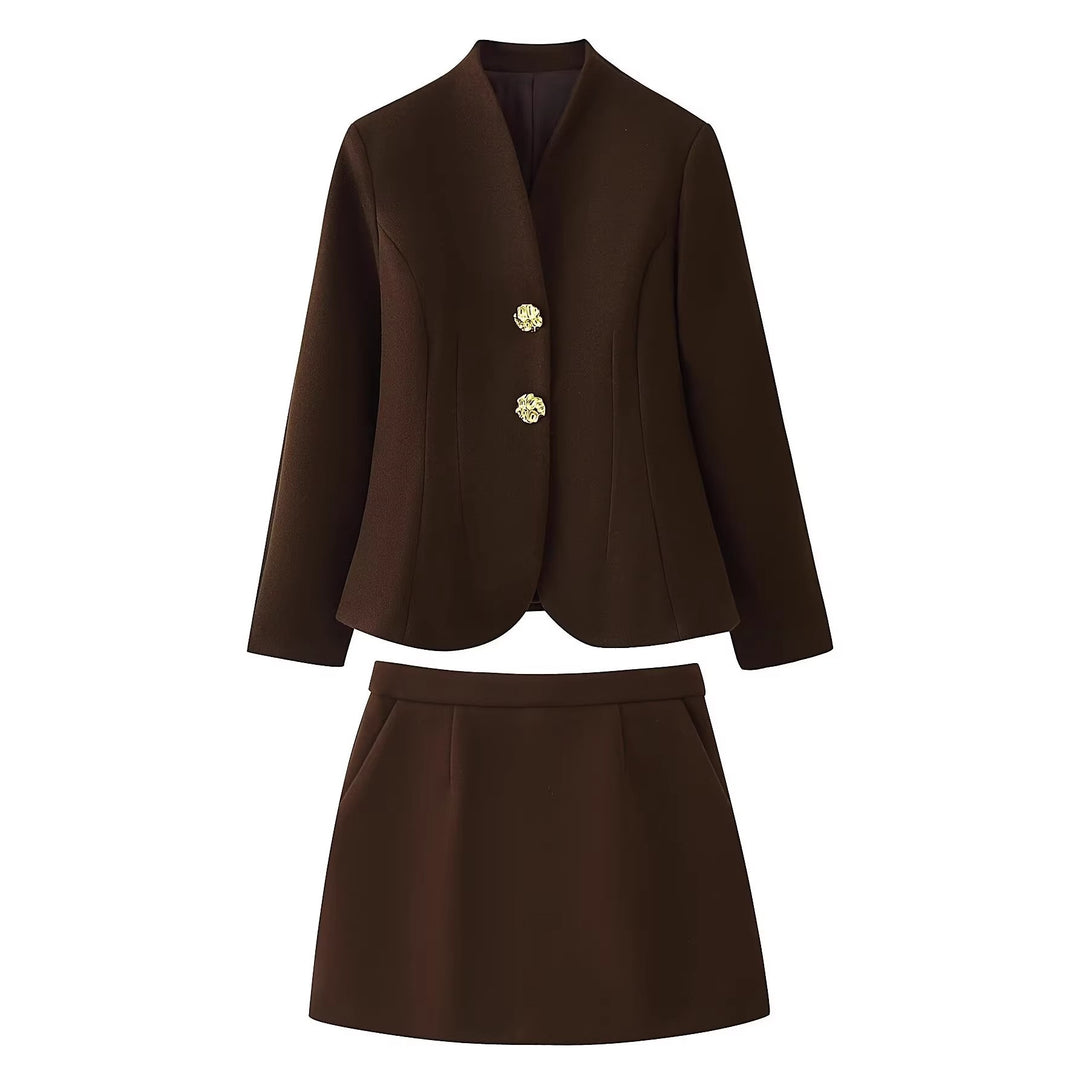 Women's Tailored Blazer with Stand Collar and Decorative Gold Buttons Mune Fashion