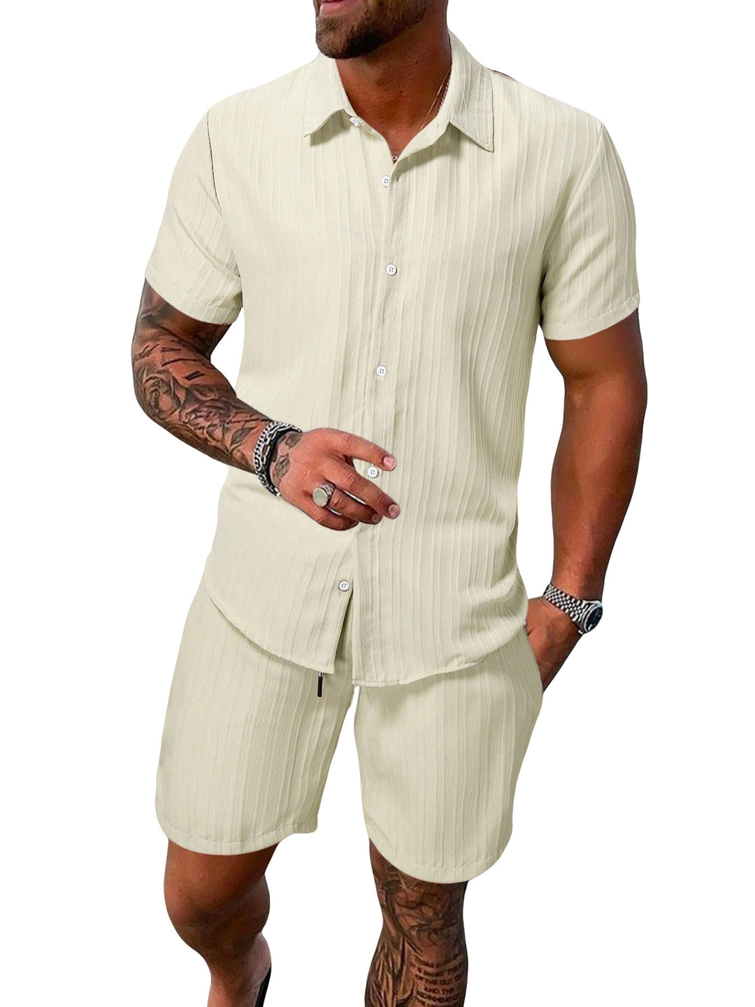 Men's lightweight short-sleeve shirt with open collar and matching casual shorts made of textured cotton blend Mune Fashion