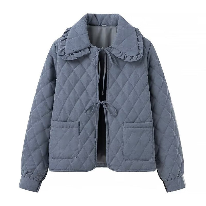 Ladies padded short jacket with ruffle collar, ties and patch pockets Mune Fashion