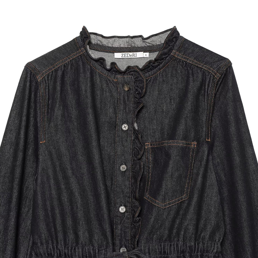 Women's jeans blouse with ruffle trim, drawstring waist and cuffed sleeves Mune Fashion