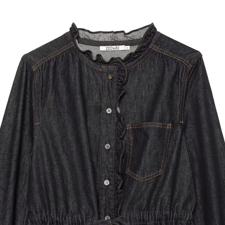 Women's jeans blouse with ruffle trim, drawstring waist and cuffed sleeves Mune Fashion