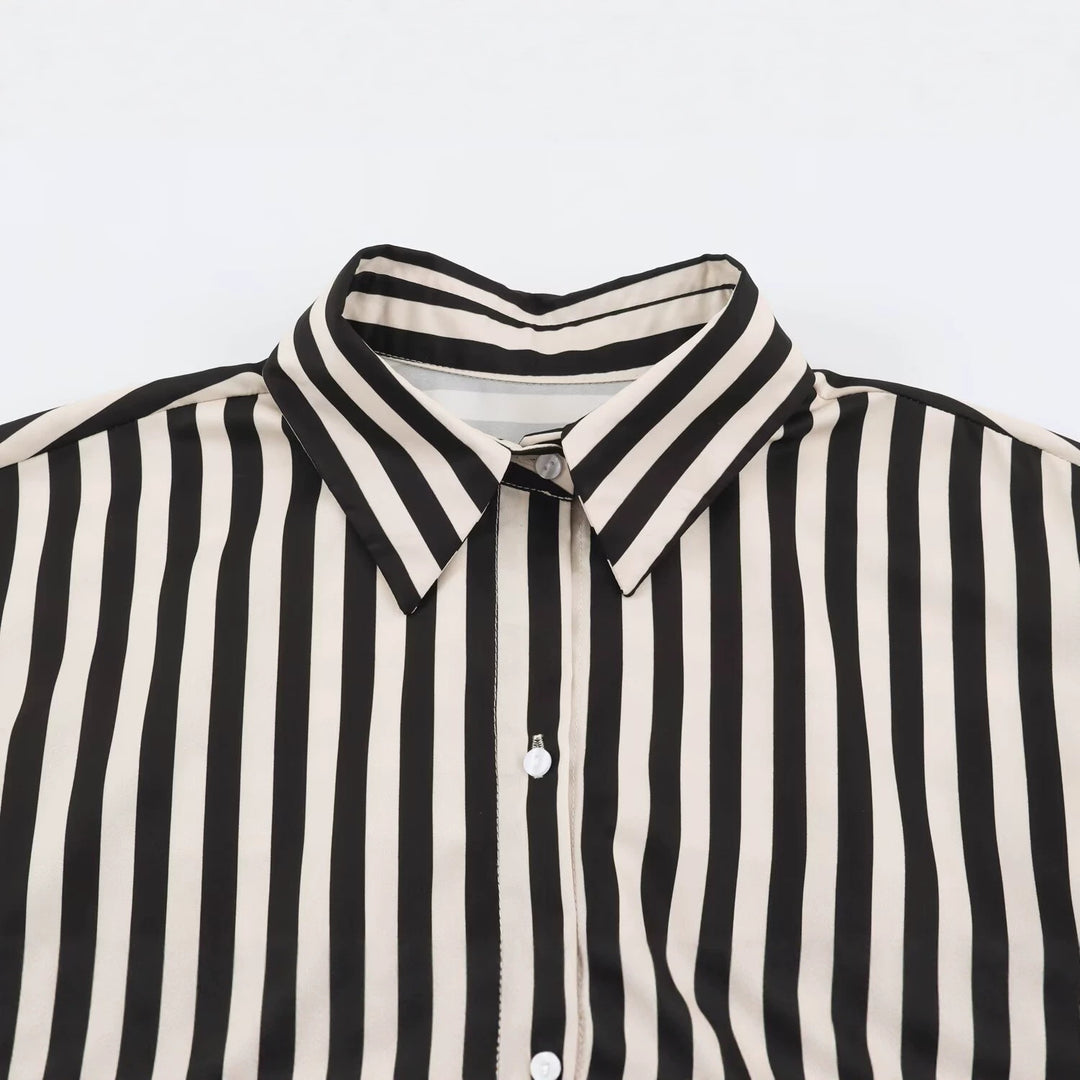 Women's striped satin blouse with waist scarf and oversized cuffs Drune