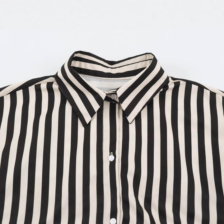 Women's striped satin blouse with waist scarf and oversized cuffs Drune