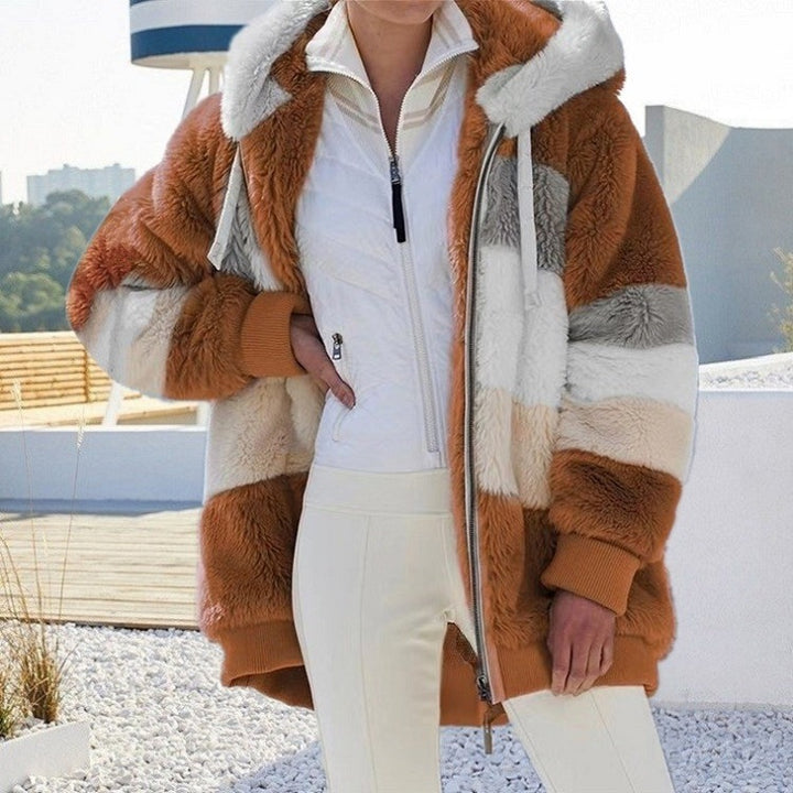 Women's Oversize Teddy Fur Hooded Jacket with Color Block Stripes, High-Quality Zipper and Ribbed Cuffs Mune Fashion