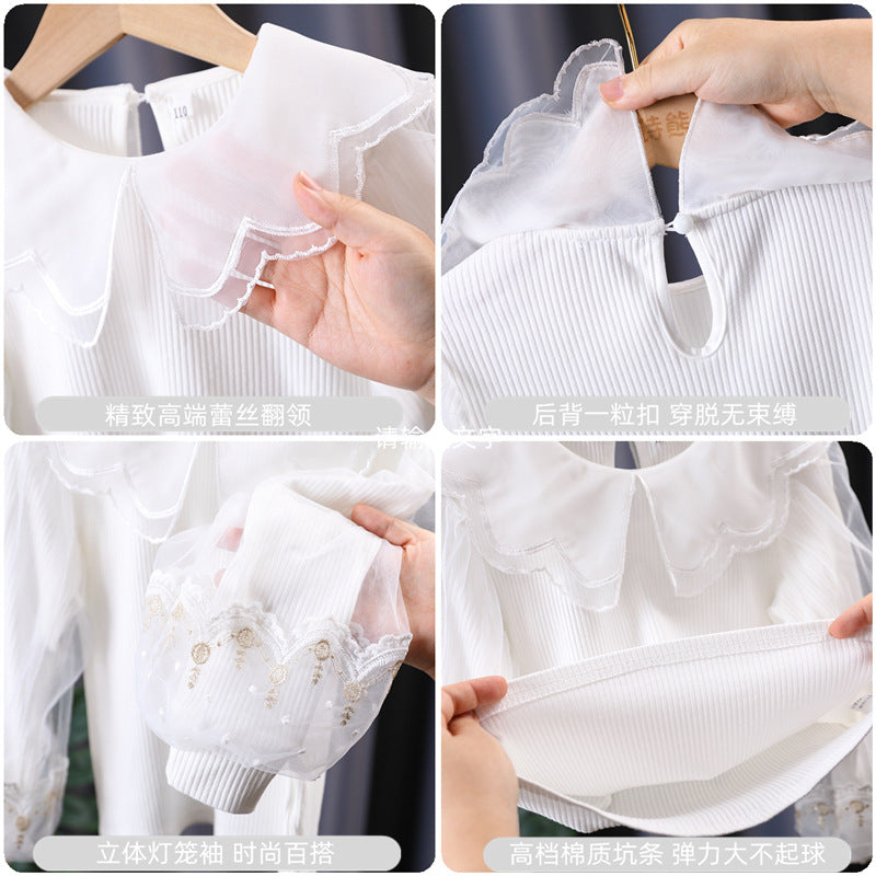 Girl's blouse with romantic tulle sleeves and floral lace trim Mune Fashion