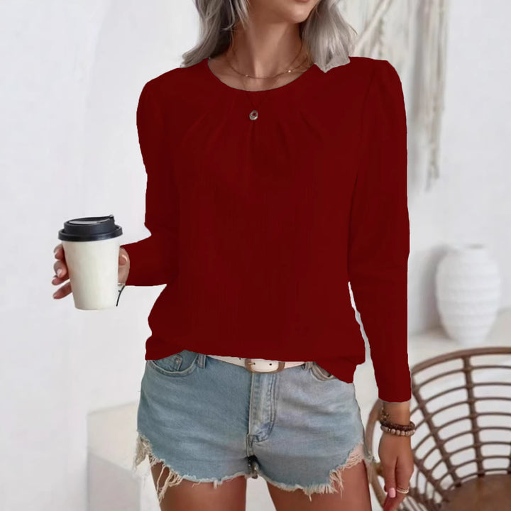 Women's lightweight structured blouse with gathered round neckline and long sleeves Mune Fashion
