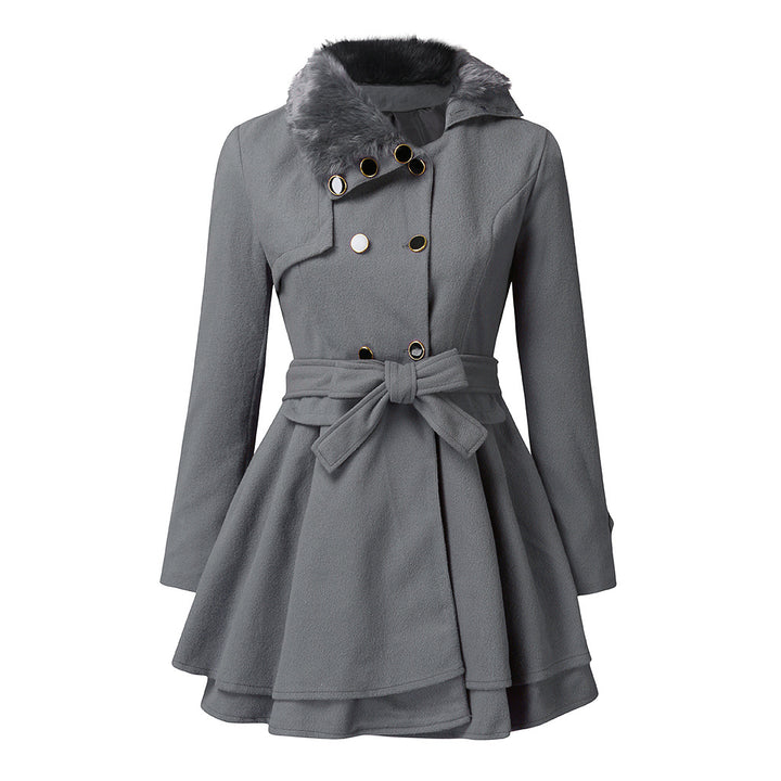 Women A-line wool blend coat with waist belt double-breasted and faux fur collar Mune Fashion