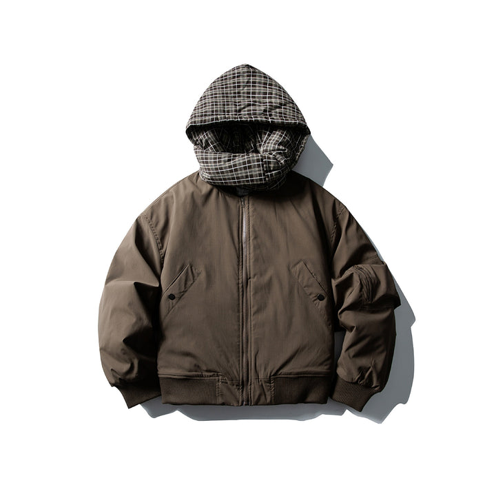 Men's Windproof Bomber Jacket with Quilted Checkered Hood and Integrated Scarf Mune Fashion