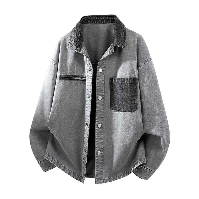 Men's Oversize Denim Shirt Jacket with Contrast Pocket and Snap Button Placket Mune Fashion