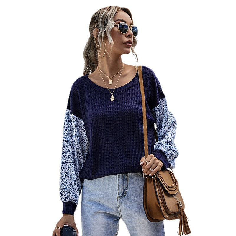 Women's Lightweight Waffle Knit Sweater with Floral Patterned Balloon Sleeves Mune Fashion