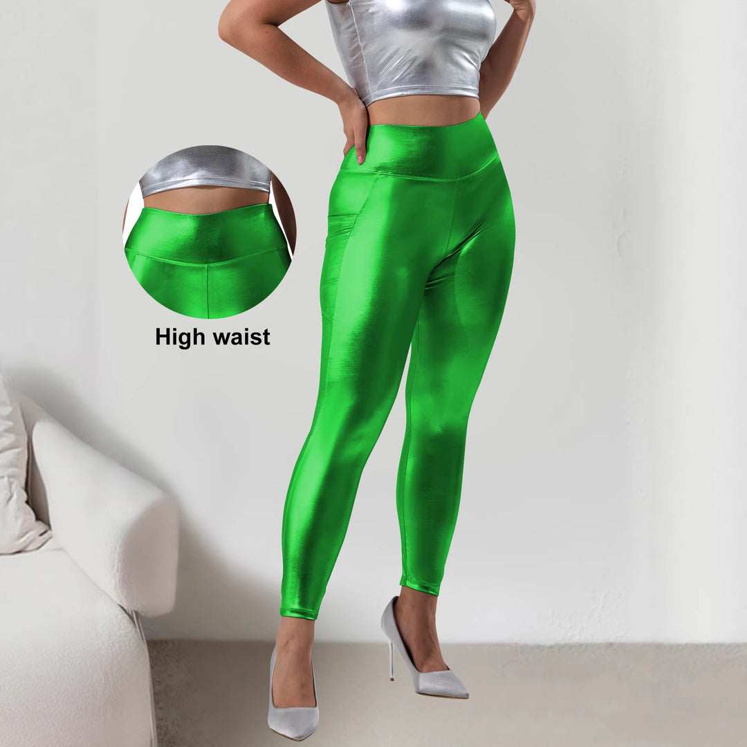 Women's Shiny High-Waist Capri Leggings with Smartphone Side Pocket Mune Fashion