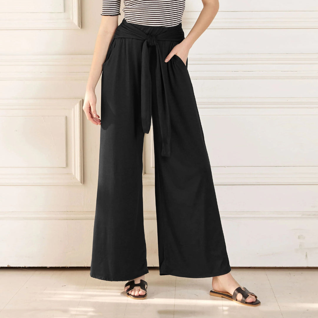 Women Wide Jersey Pants with High Waist and Tie Belt Mune Fashion