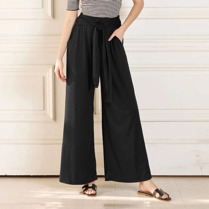 Women Wide Jersey Pants with High Waist and Tie Belt Mune Fashion