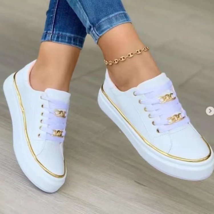 Women's platform sneaker with gold decorative edging and jewelry chain details Mune Fashion