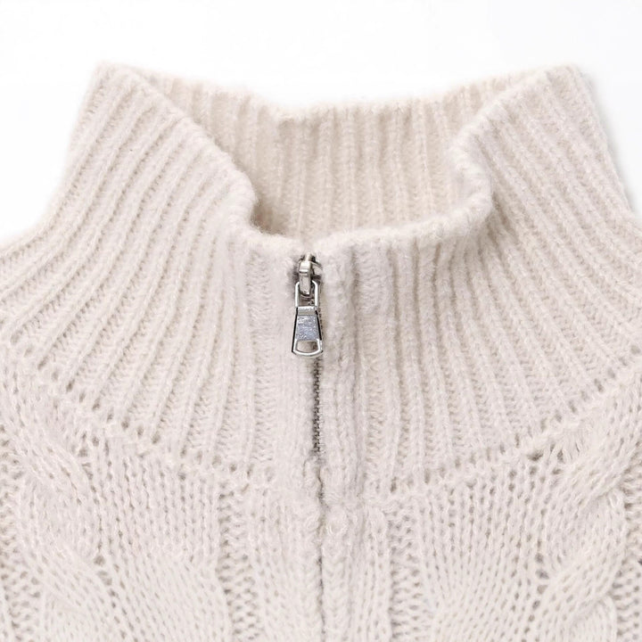 Women's Chunky Knit Cable Knit Cardigan with Stand-Up Collar and Zipper Mune Fashion