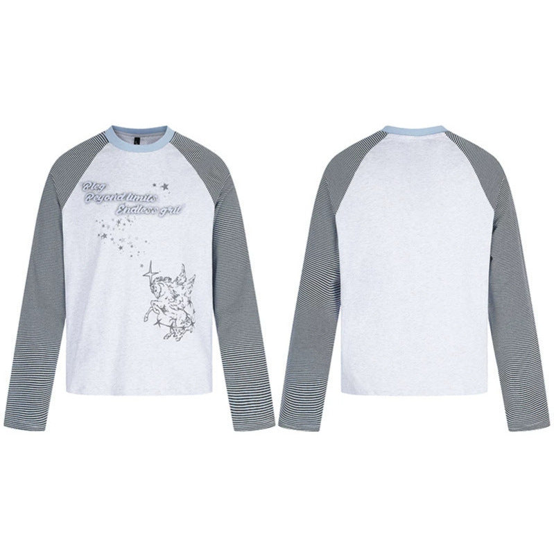 Women's raglan long sleeve shirt in astral motif with fine striped sleeves and relief print Mune Fashion