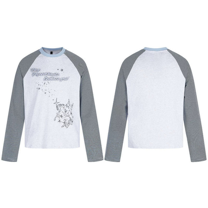 Women's raglan long sleeve shirt in astral motif with fine striped sleeves and relief print Mune Fashion