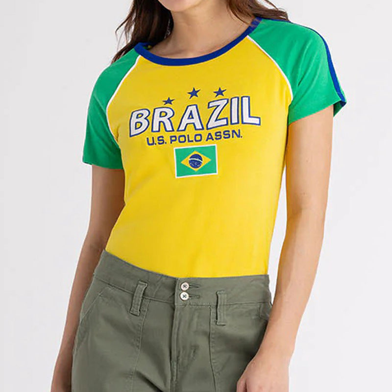 Ladies' figure-hugging Brazil print T-shirt with raglan sleeves Mune Fashion