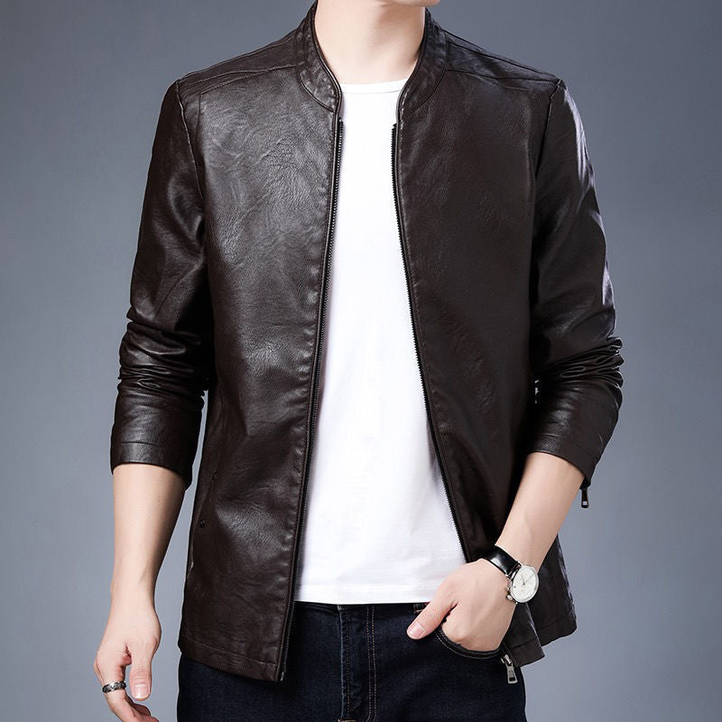 Men's slim-fit faux leather flight jacket with stand-up collar and zipper closure Mune Fashion
