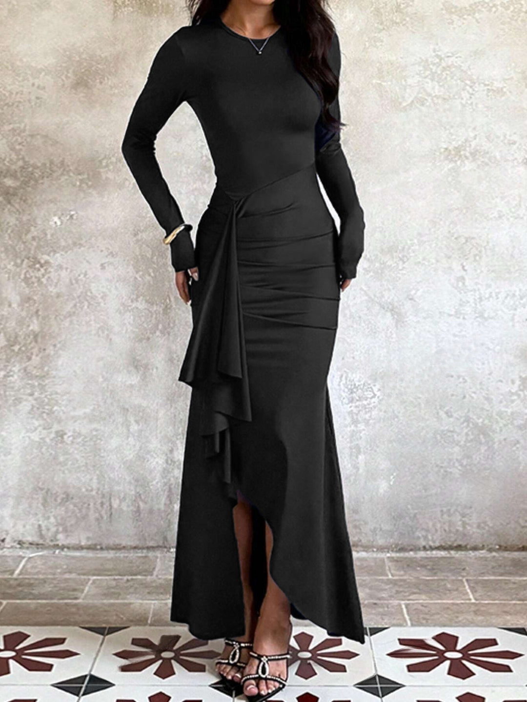 Women's evening dress with long sleeves, ruched waist and asymmetrical ruffle Mune Fashion