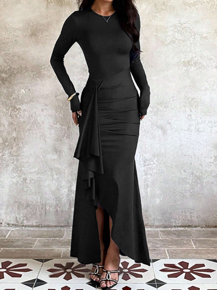 Women's evening dress with long sleeves, ruched waist and asymmetrical ruffle Mune Fashion