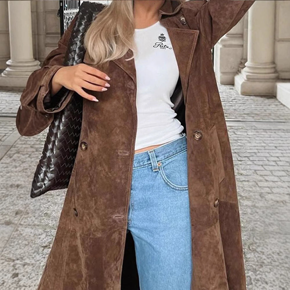 Women's Long Double-Breasted Trench Coat in Suede-Like with Waist Belt Mune Fashion