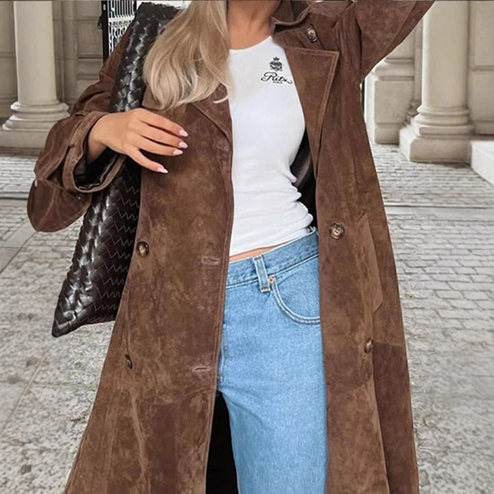 Women's Long Double-Breasted Trench Coat in Suede-Like with Waist Belt Mune Fashion