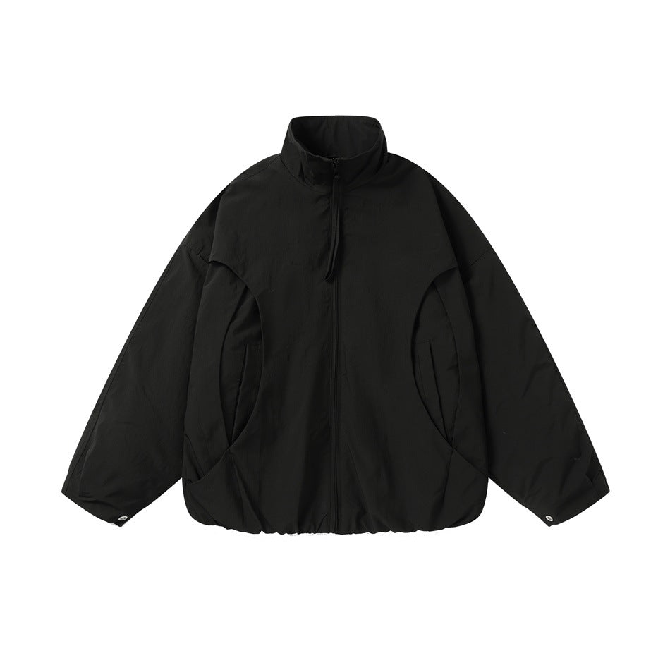 Unisex Short-cut Oversize Boxy Blouson with High Stand-up Collar, Curved Pocket Design and Elastic Hem Mune Fashion