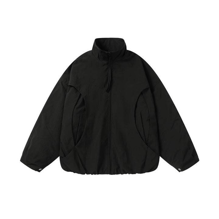 Unisex Short-cut Oversize Boxy Blouson with High Stand-up Collar, Curved Pocket Design and Elastic Hem Mune Fashion