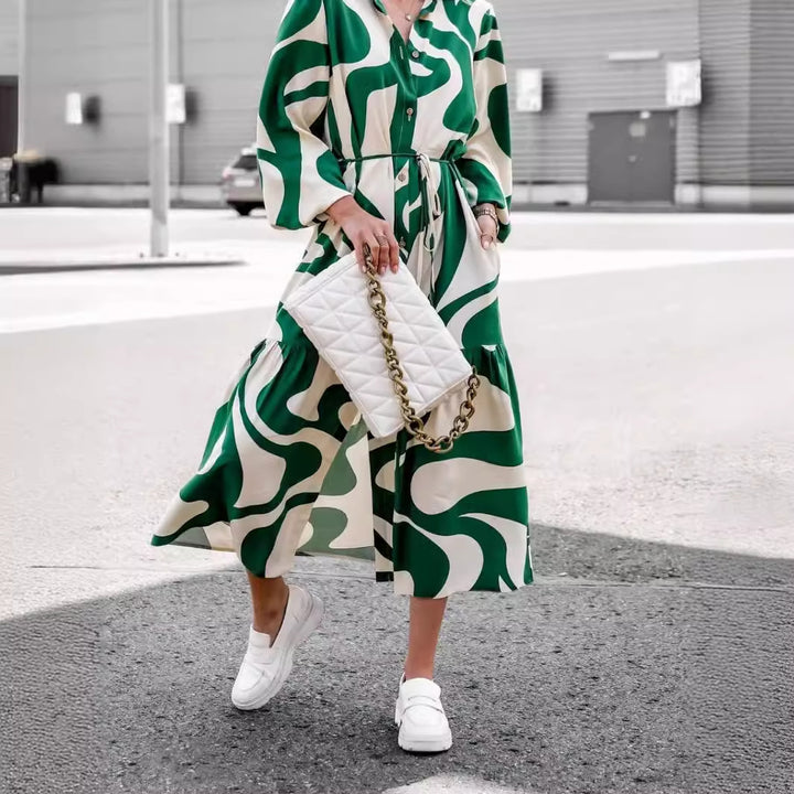 Women's patterned shirt dress with waist drawstring, full button placket and side slit Mune Fashion