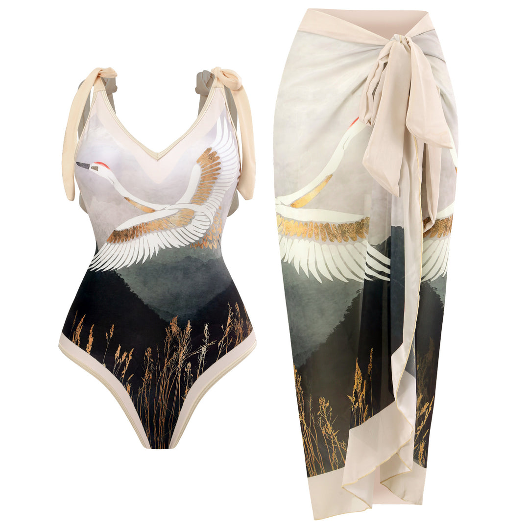 Women’s One-Piece Swimsuit with Playful Tie Straps and Elegant Wrap Skirt Mune Fashion