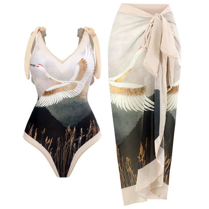 Women’s One-Piece Swimsuit with Playful Tie Straps and Elegant Wrap Skirt Mune Fashion