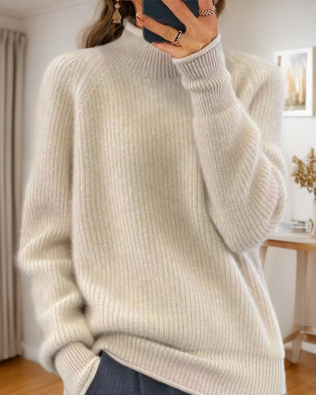 Women's cozy knitted sweater with stand-up collar and ribbed structure Mune Fashion