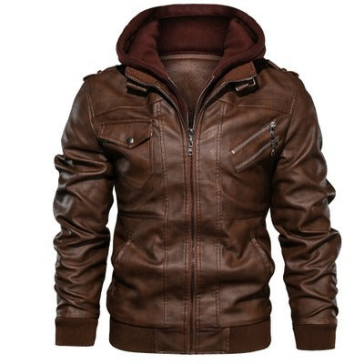 Men's Sporty Leather Jacket with Removable Hood Mune Fashion