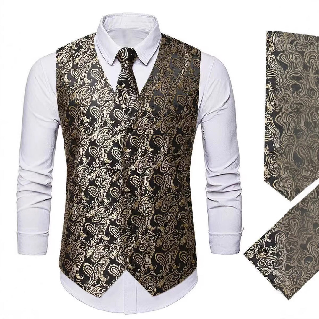Men's Nan Paisley Satin Suit Vest Set with Tie and Pocket Square Mune Fashion