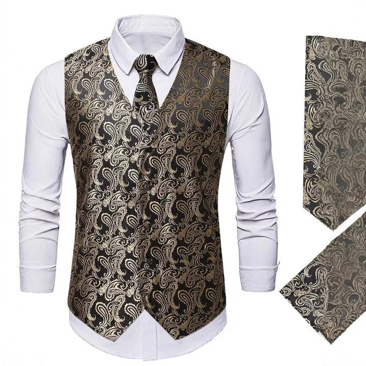 Men's Nan Paisley Satin Suit Vest Set with Tie and Pocket Square Mune Fashion