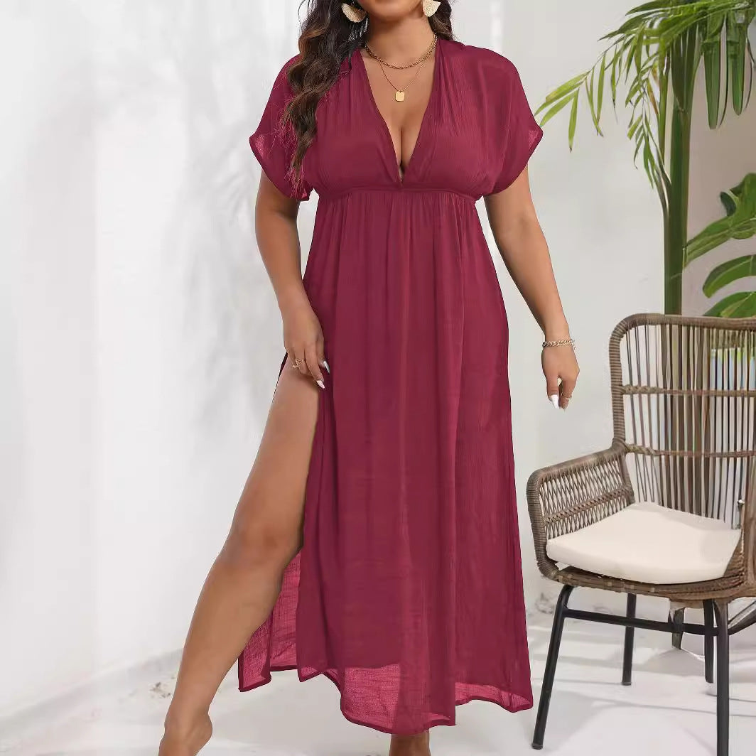 Ladies airy max dress with deep V-neckline and side slits Mune Fashion