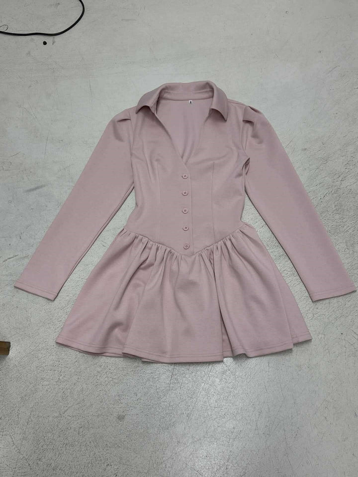 Women's Tailored Shirt Dress with Corset Seam, Button Placket and Gathered Ruffle Skirt Mune Fashion