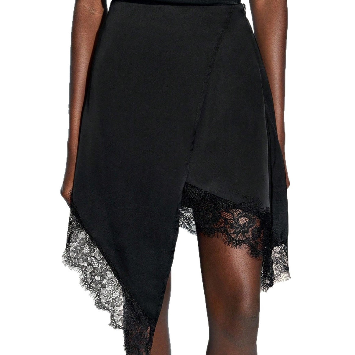 Women’s nan asymmetrical wrap skirt with lace trim and satin-like drape Mune Fashion