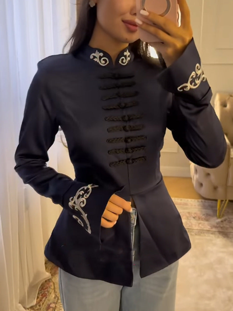 Women tailored satin jacket with mandarin collar, decorative cord closures and embroidered cuffs Mune Fashion