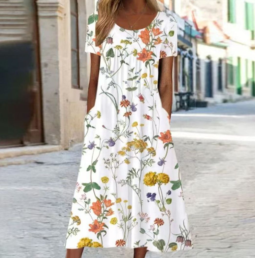 Women's summer A-line maxi dress with V-neck, short sleeves, and side pockets made of lightweight jersey Mune Fashion