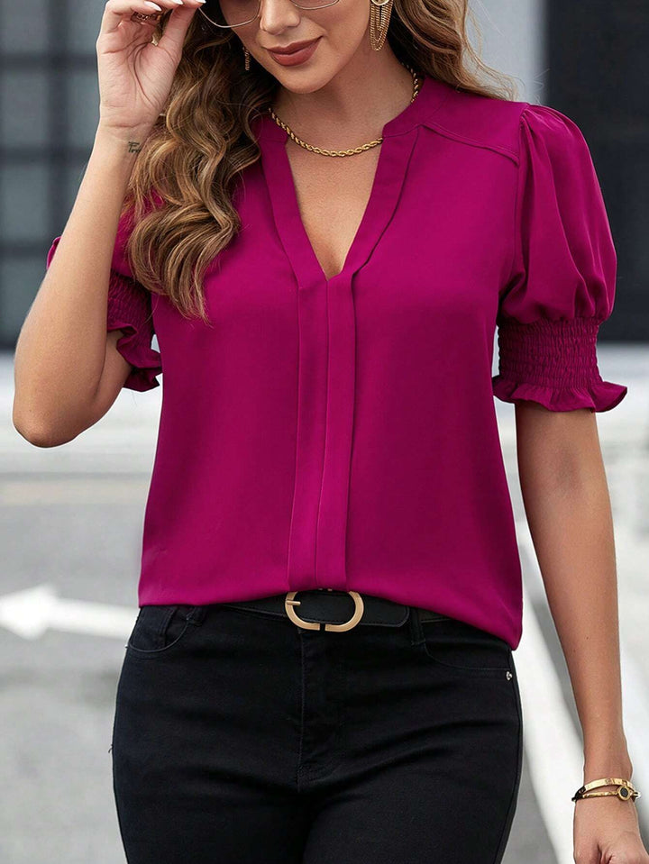 Women's blouse with V-neck, gathered smock sleeves and soft drape Mune Fashion