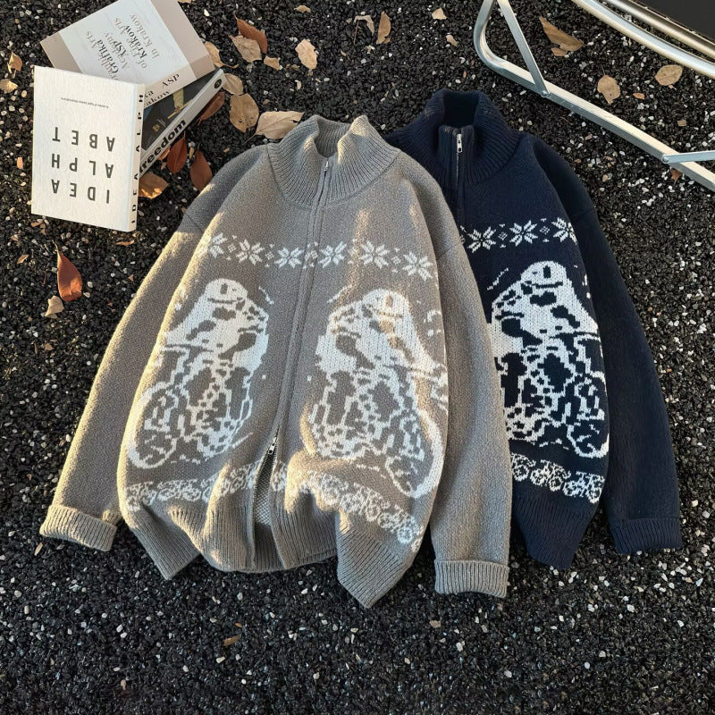 Unisex oversized cardigan with full zipper, high rib collar, and owl intarsia Mune Fashion