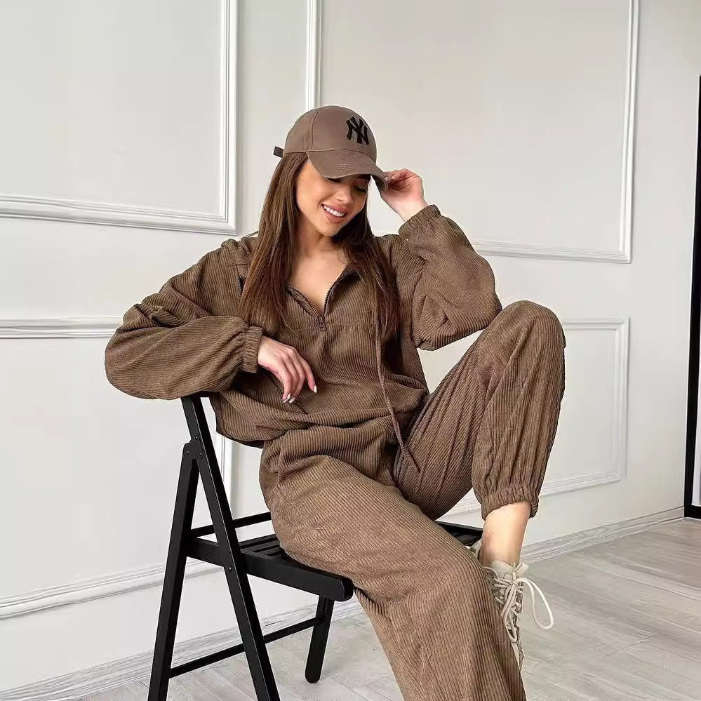 Women's Corduroy Loungewear Set with Hoodie and Jogging Pants Mune Fashion