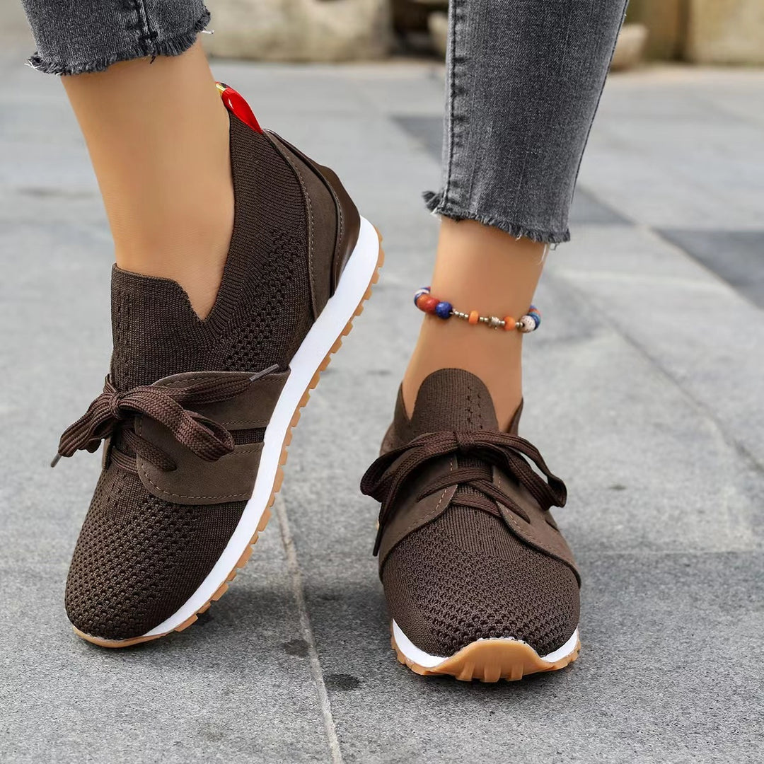 Women knitted slip-on sneakers with decorative lacing, padded comfort insole, and non-slip rubber outsole Mune Fashion