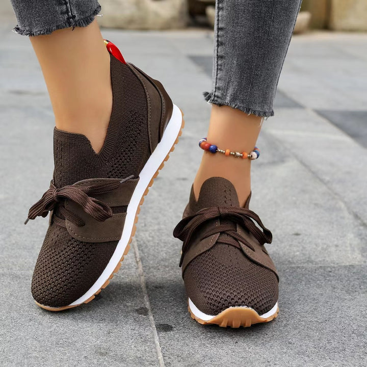 Women knitted slip-on sneakers with decorative lacing, padded comfort insole, and non-slip rubber outsole Mune Fashion