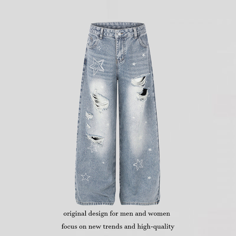 Ladies Wide Distressed Palazzo Jeans with Star Embroidery Mune Fashion