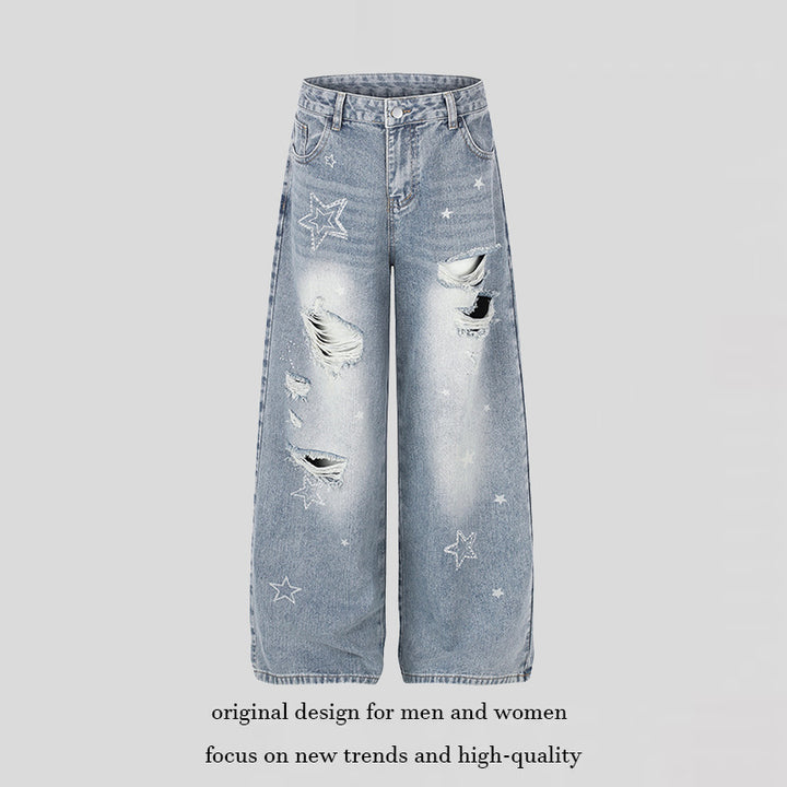 Ladies Wide Distressed Palazzo Jeans with Star Embroidery Mune Fashion